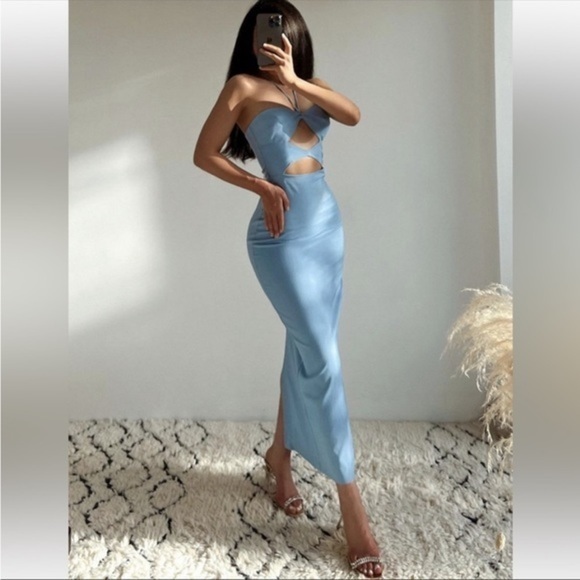 New Zara | Blue Midi Cut Out Dress - Picture 4 of 16
